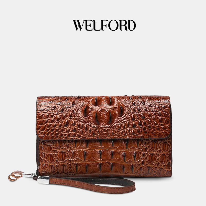 Men's Crocodile Print Clutch Double Zip Clutch