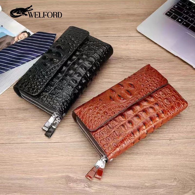 Men's Crocodile Print Clutch Double Zip Clutch