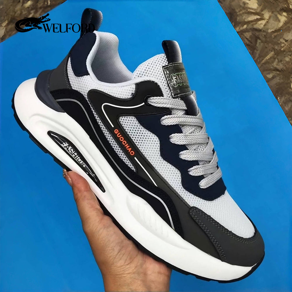 Colorblock leather thick-soled breathable mesh sports shoes for men