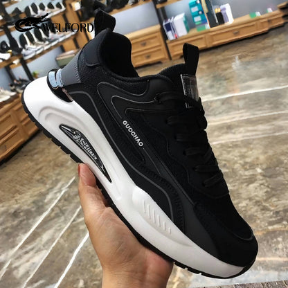 Colorblock leather thick-soled breathable mesh sports shoes for men