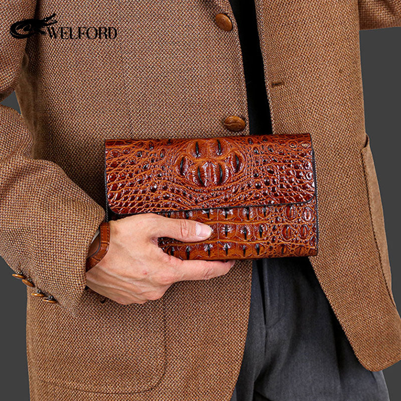 Men's Crocodile Print Clutch Double Zip Clutch